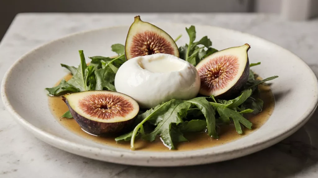 Burrata and figs salad resting on a table before serving