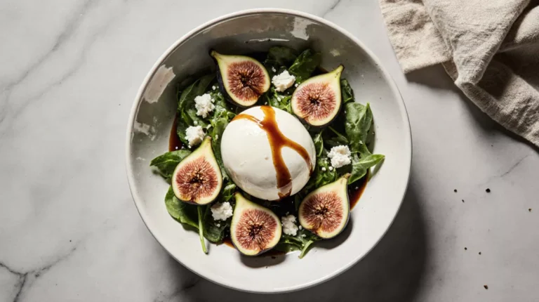 Burrata and figs arranged on arugula with light dressing in a bowl