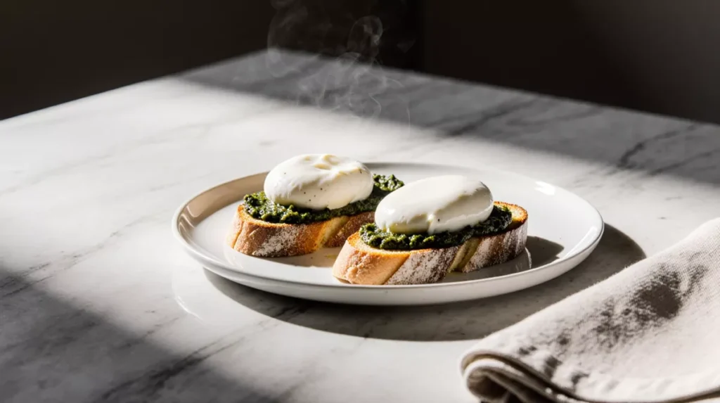 Burrata and pesto bruschetta resting on a table before serving