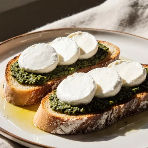 Burrata and pesto served on toasted bread slices on a ceramic plate