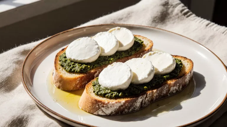 Burrata and pesto served on toasted bread slices on a ceramic plate