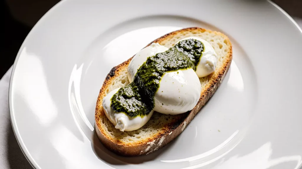 Burrata and pesto bruschetta plated with toasted bread as the focus