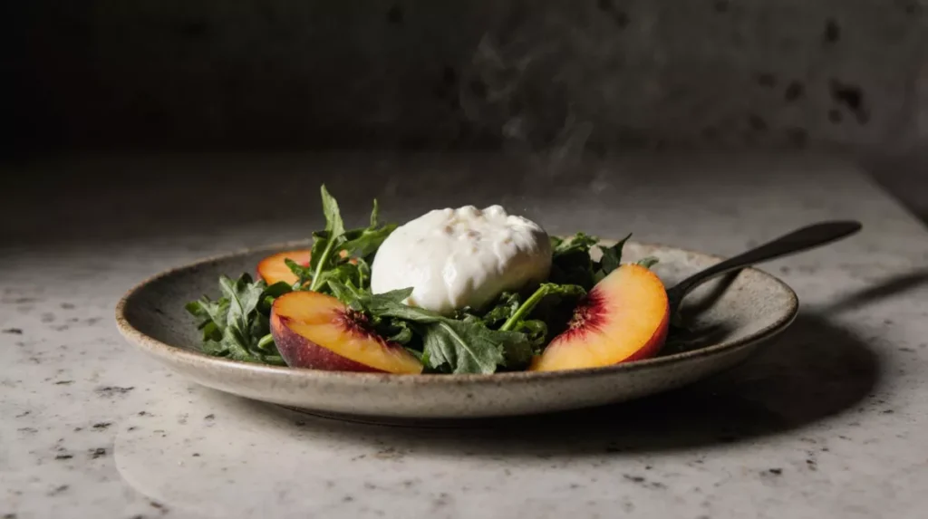 Burrata arugula peach salad resting on a counter before eating