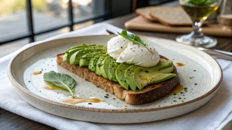 Burrata avocado toast with sliced avocado arranged on toasted bread