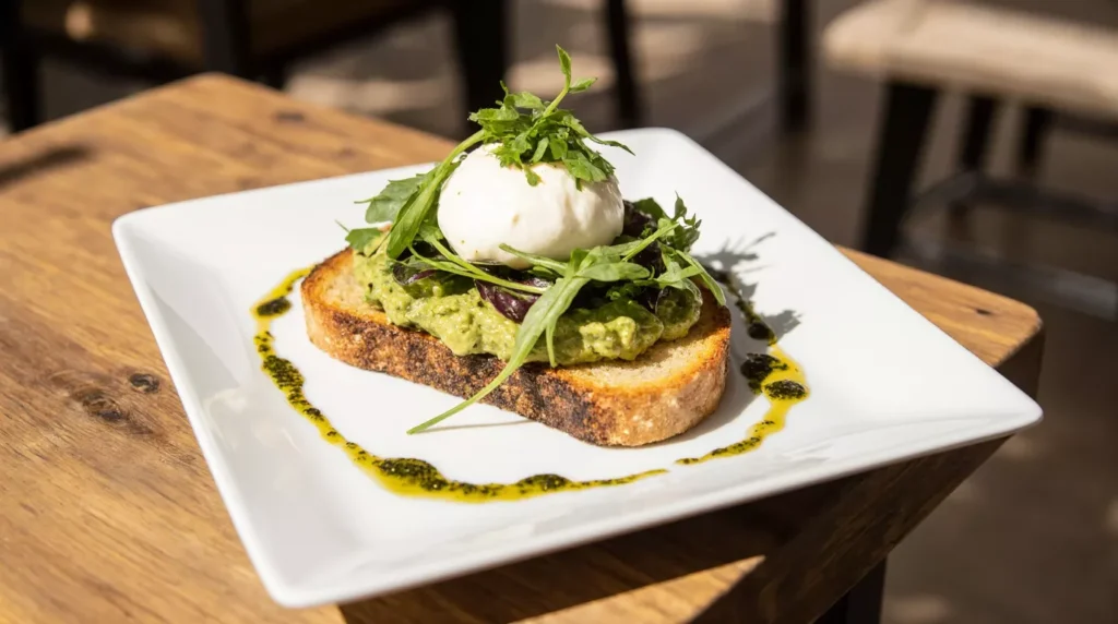 Burrata avocado toast topped with greens and burrata on a plate