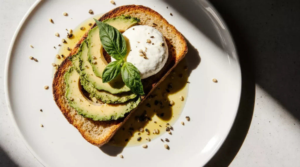 Burrata avocado toast resting on a plate before serving