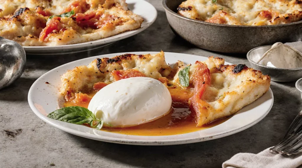 Burrata cheese placed on a warm finished dish in a home kitchen setting