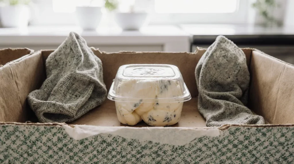 Burrata cheese in its container on a kitchen counter after grocery shopping