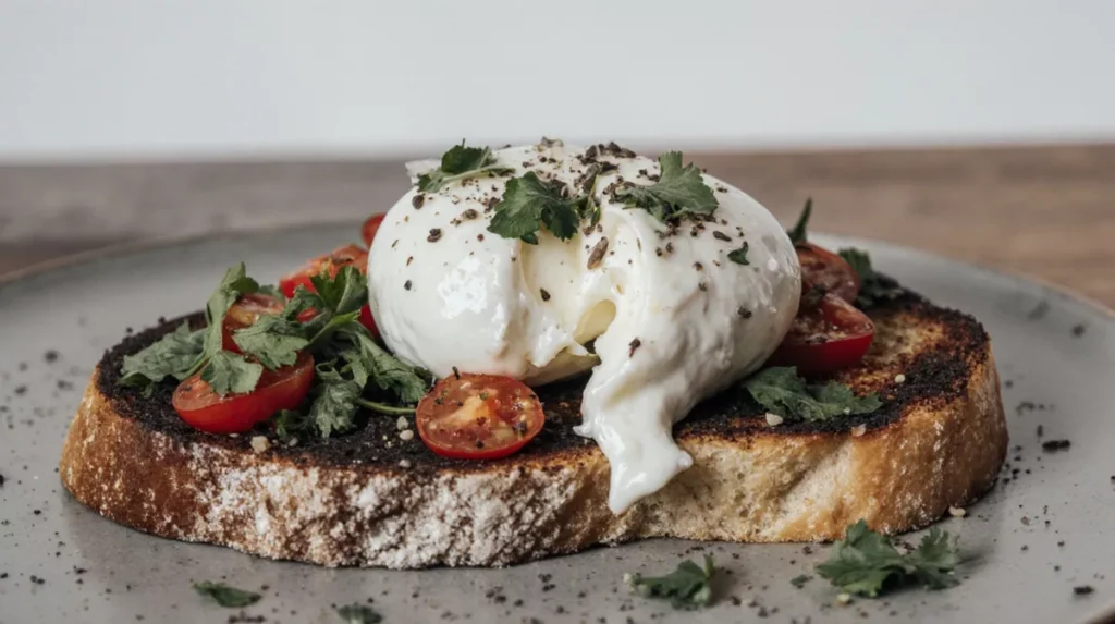 Burrata cheese served on toast with minimal toppings in a home kitchen