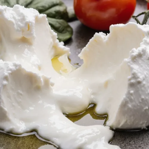 Burrata cheese torn open on a plate with tomatoes and olive oil in a home kitchen