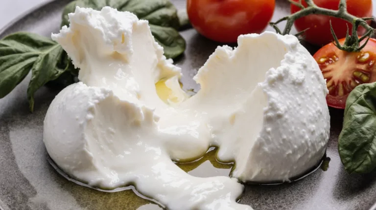 Burrata cheese torn open on a plate with tomatoes and olive oil in a home kitchen