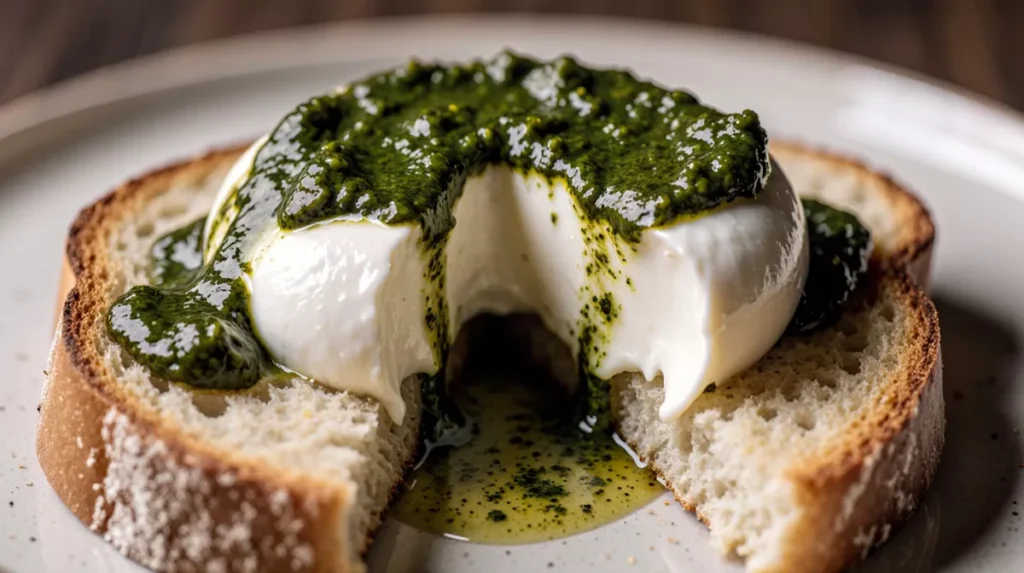 Close-up of burrata cheese and pesto on toasted bread