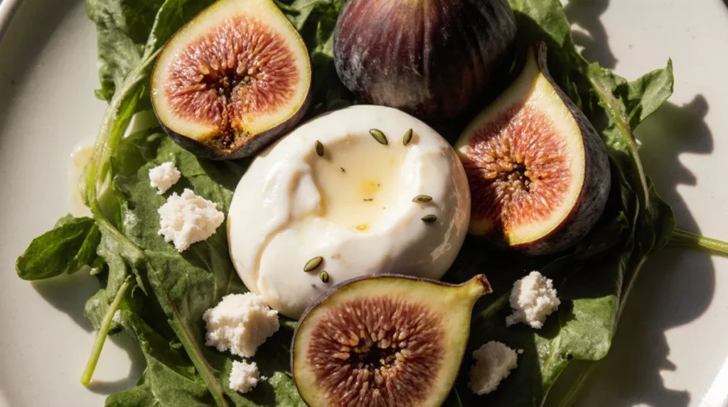 Close-up of burrata cheese and sliced figs on greens
