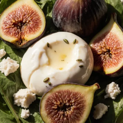 Close-up of burrata cheese and sliced figs on greens