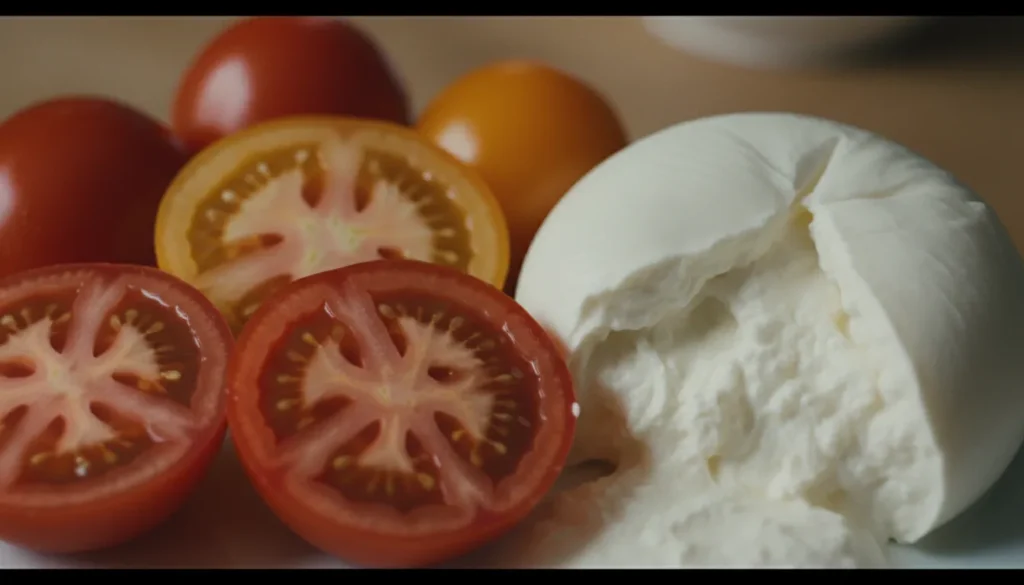 Close-up of heirloom tomatoes and burrata cheese showing clean cuts and soft texture
