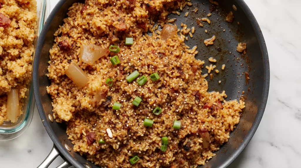 Close-up view of kimchi fried rice showing rice grains and kimchi pieces