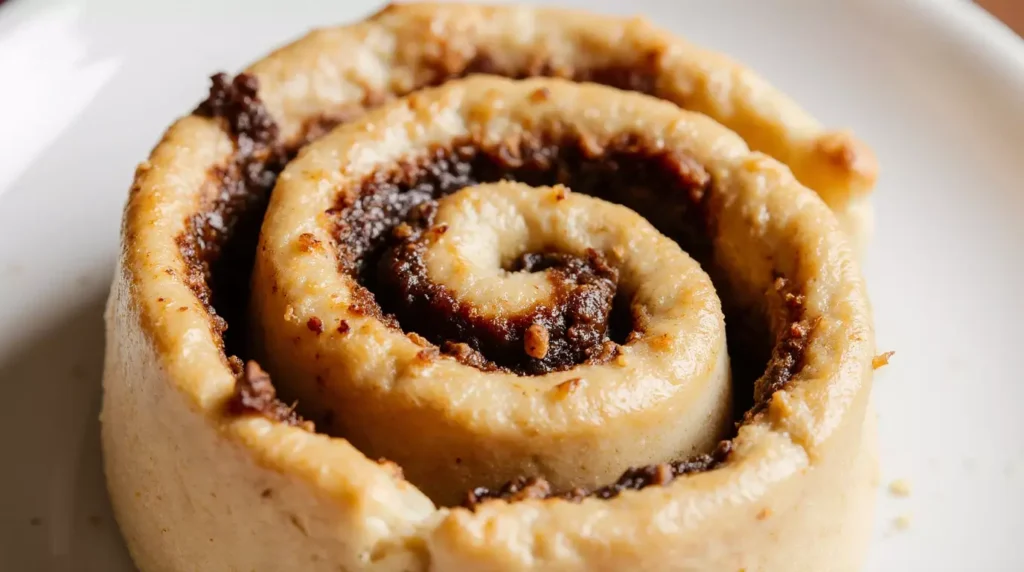 Close-up of espresso cinnamon roll showing soft dough layers and cinnamon filling