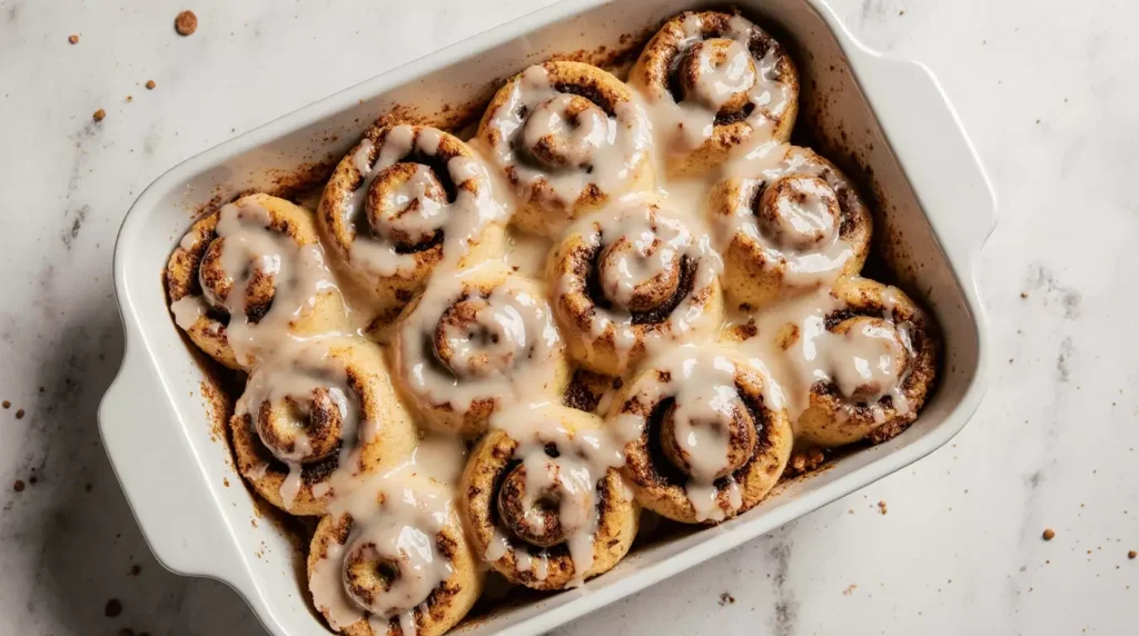 Top view of espresso cinnamon rolls arranged evenly in a baking dish