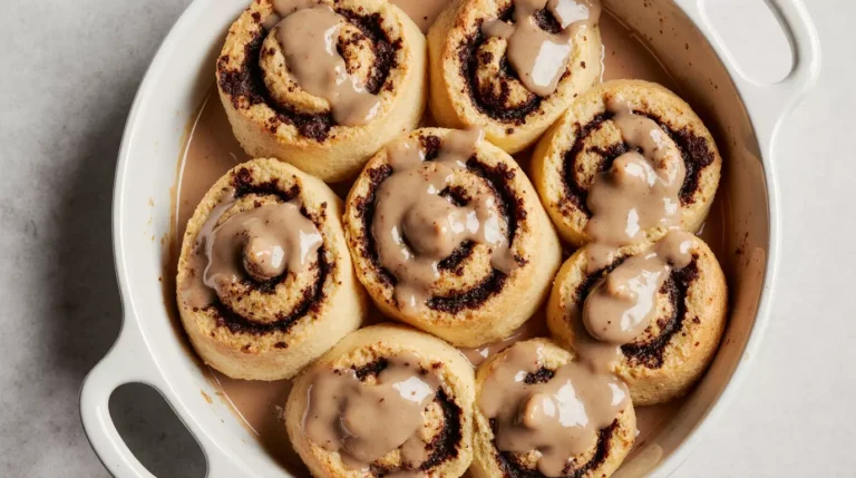 Espresso cinnamon rolls baked in a dish with soft spiral layers and light glaze