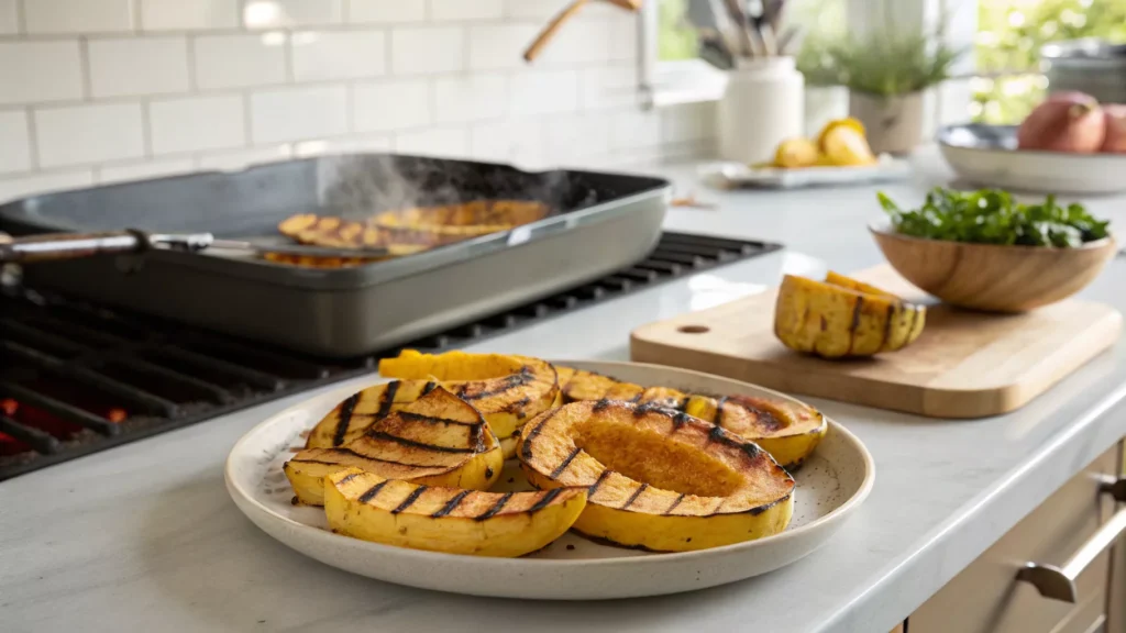 Grilled delicata squash slices with light grill marks served on a ceramic plate