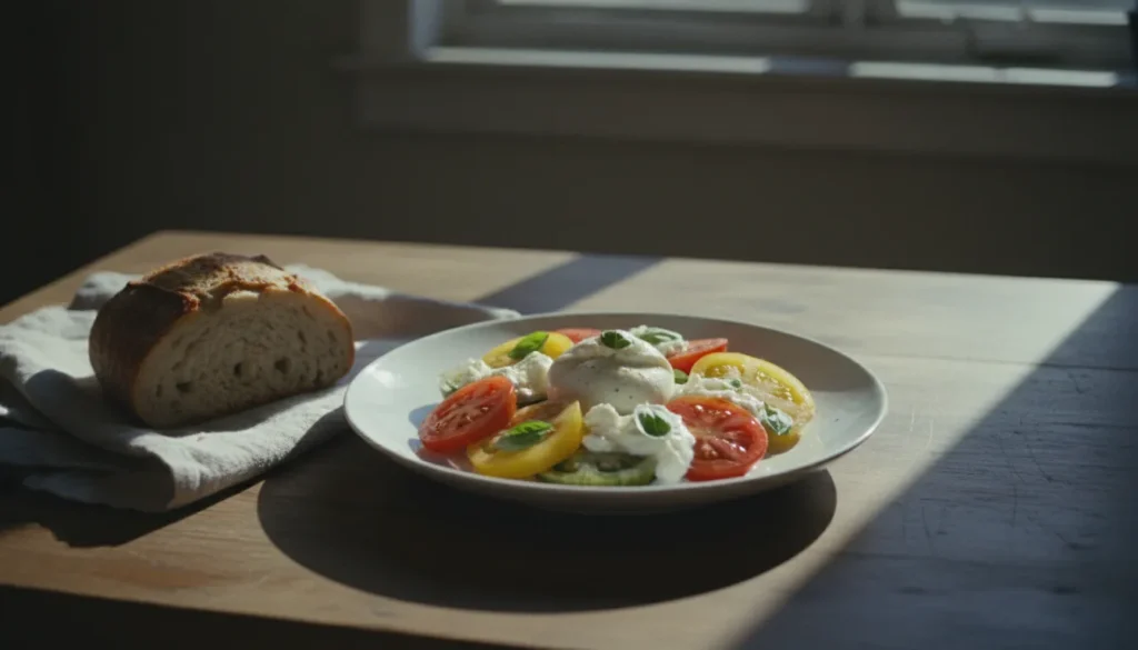 Heirloom tomatoes and burrata cheese served as a simple light meal on a plate