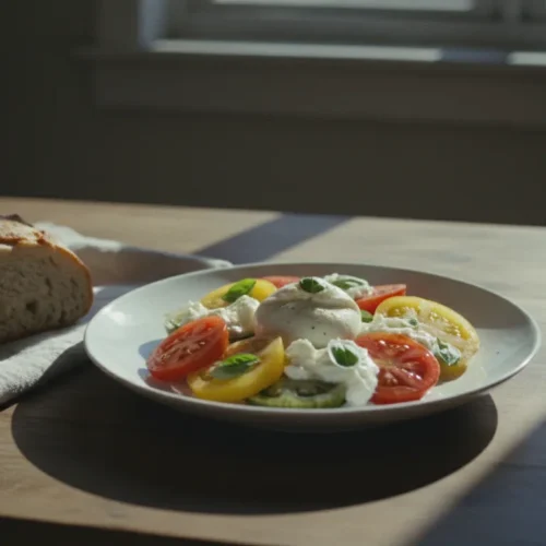 Heirloom tomatoes and burrata cheese served as a simple light meal on a plate