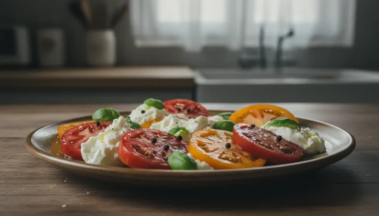 Heirloom tomatoes and burrata cheese on a ceramic plate in a home kitchen