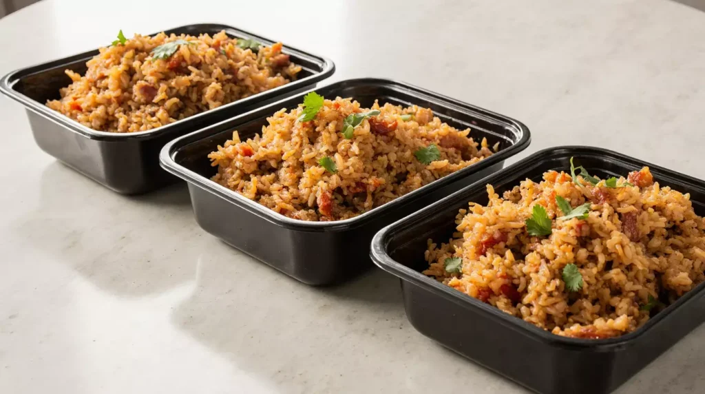 Several meal prep containers filled with kimchi fried rice