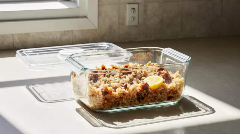 Kimchi fried rice meal prep portioned in a glass container on a kitchen counter