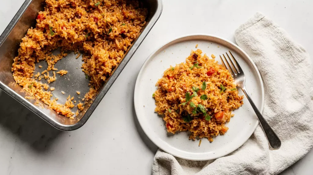 Kimchi fried rice reheated and served on a plate