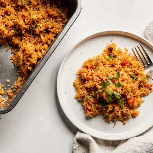 Kimchi fried rice reheated and served on a plate