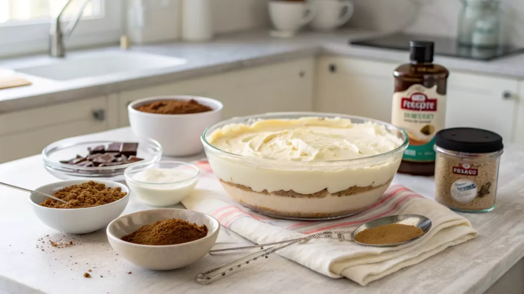 No-bake tiramisu cheesecake ingredients prepared on a kitchen counter before assembly