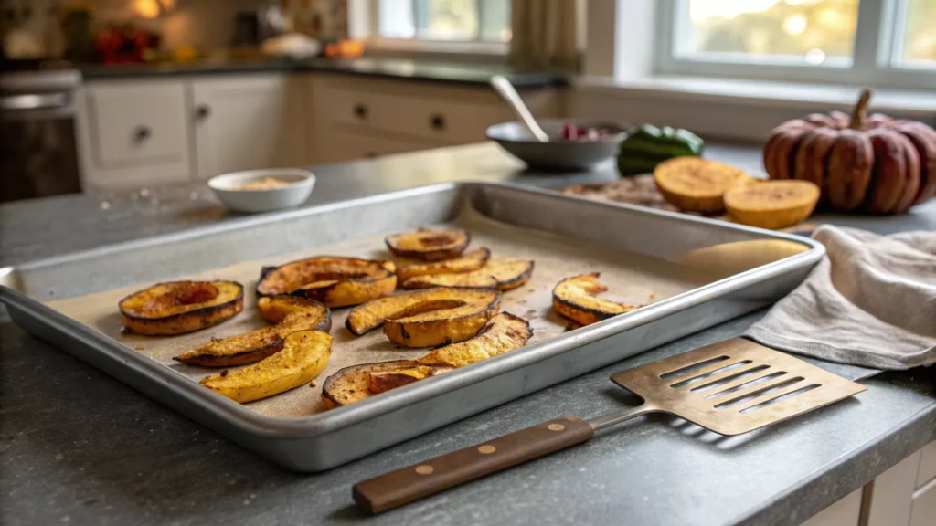 Oven roasted delicata squash slices on a metal baking sheet after cooking