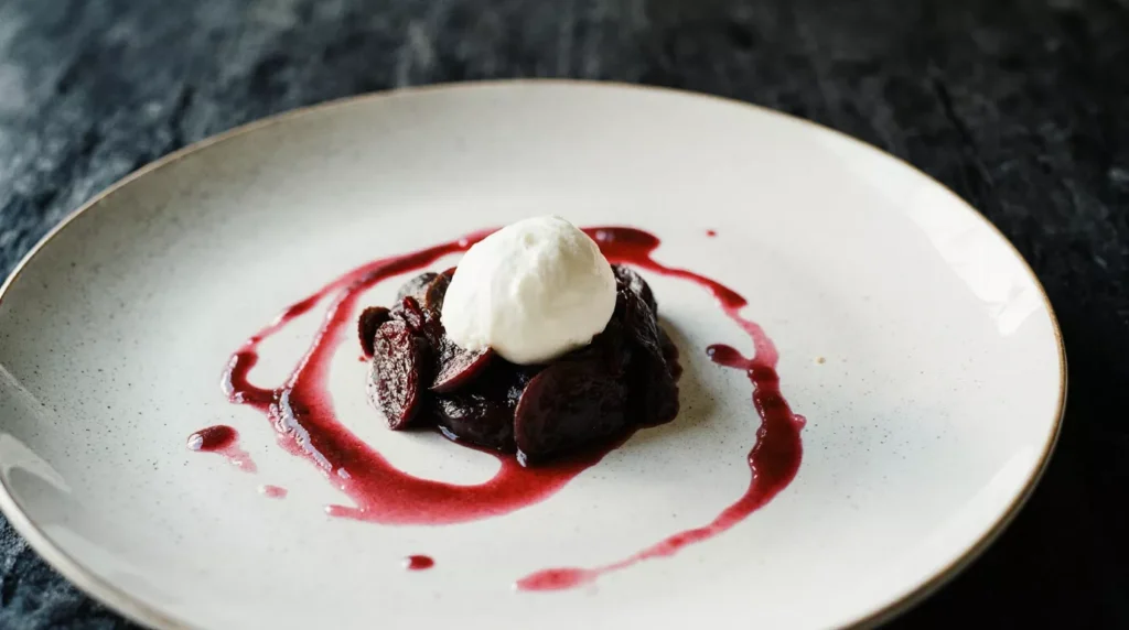 Finished beets burrata salad resting on a table before eating