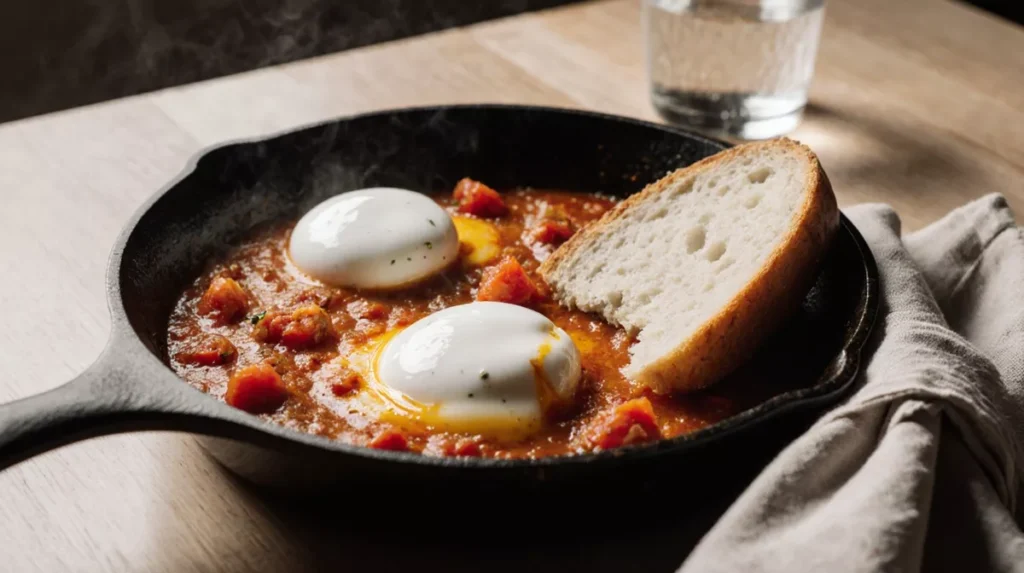 Overhead view of burrata and eggs arranged in a shallow dish