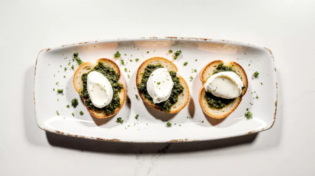 Overhead view of burrata and pesto bruschetta arranged on a plate