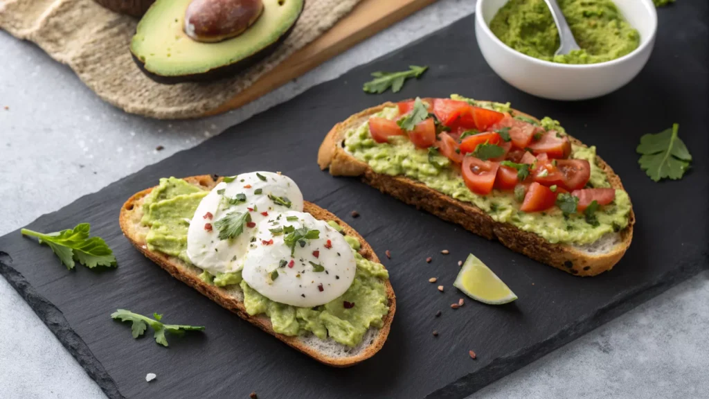 Overhead view of burrata avocado toast arranged on a plate