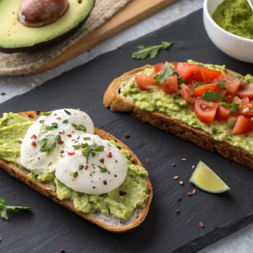 Overhead view of burrata avocado toast arranged on a plate