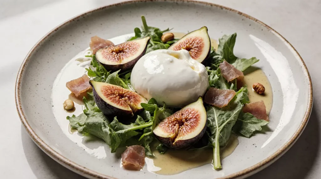 Overhead view of figs and burrata arranged on greens with dressing