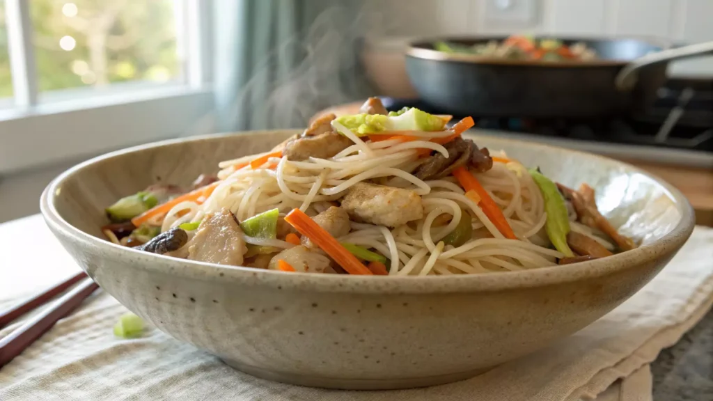 Top view of rice noodles with vegetables arranged in a bowl