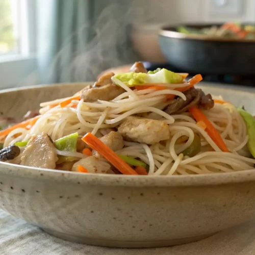 Top view of rice noodles with vegetables arranged in a bowl