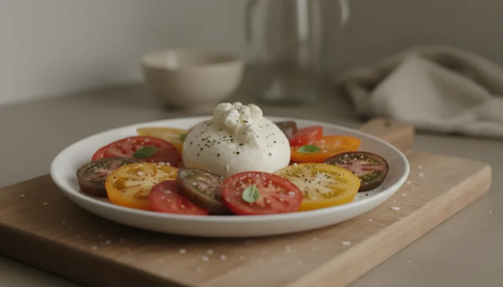 Heirloom tomatoes sliced and seasoned with burrata cheese added afterward