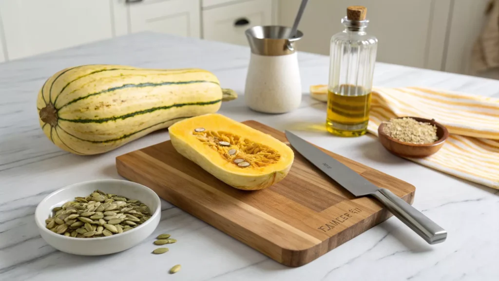 Whole and sliced raw delicata squash on a wooden cutting board with seeds removed