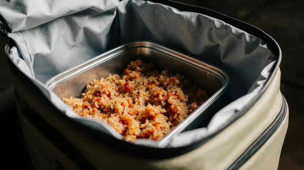 Meal prep container of kimchi fried rice inside a lunch bag