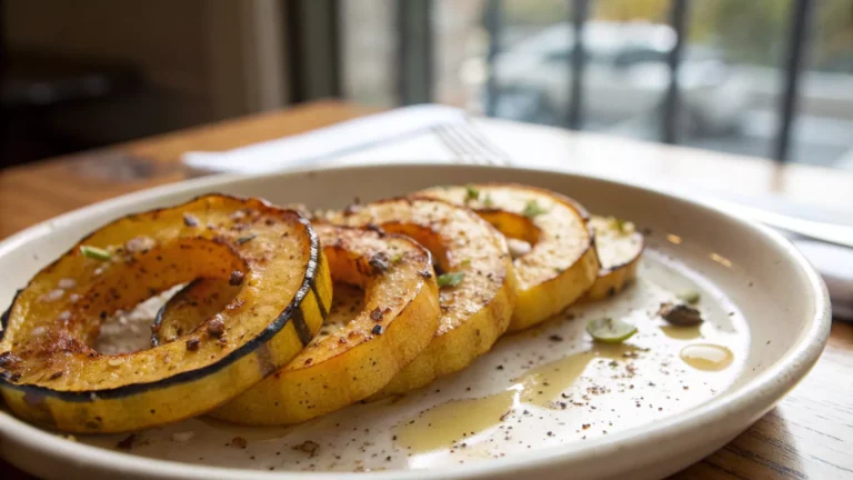 how to cook delicata squash .Close-up of roasted delicata squash slices with caramelized edges on a small ceramic plate