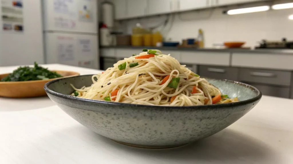 Rice noodles served at room temperature with vegetables in a bowl