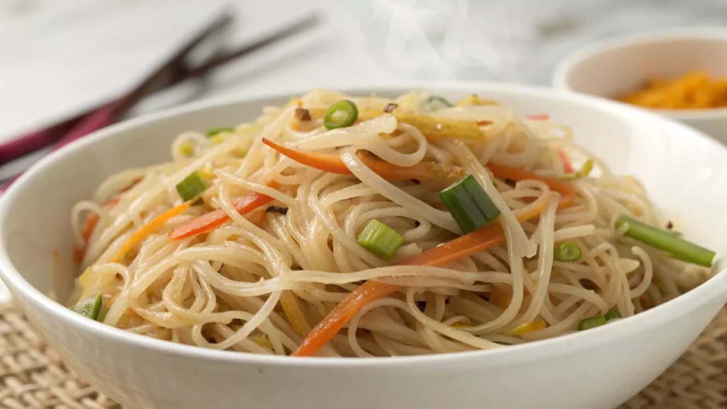 Side view of a bowl of rice noodles with vegetables