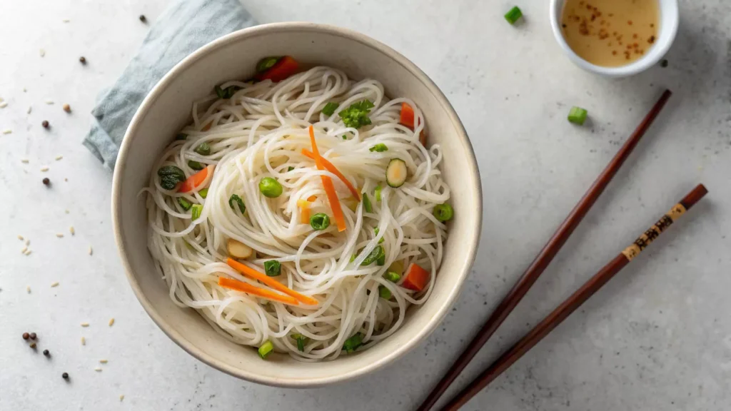 Close-up of rice noodles showing separated strands and light sauce absorption