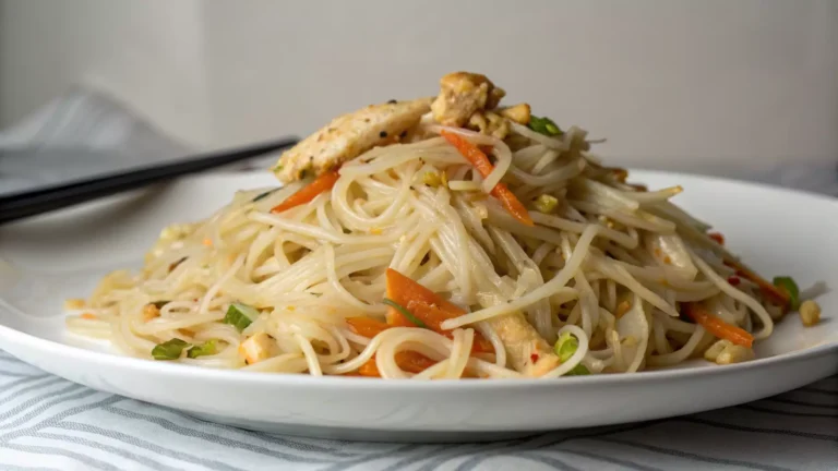Bowl of rice noodles mixed with vegetables and chicken, plated and fully cooled