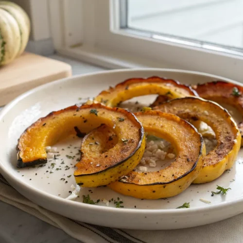 Roasted delicata squash slices with golden edges served on a plain ceramic plate in a home kitchen